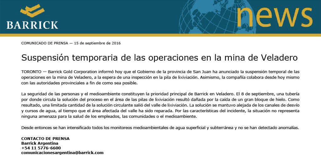 La empresa Barrick Gold detuvo la actividad en la mina Veladero | Información General