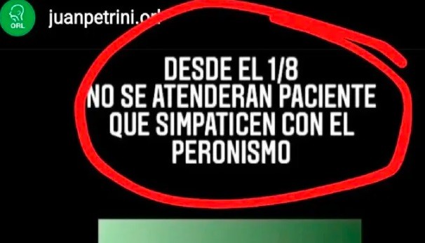 Un médico de Bahía Blanca avisó que desde agosto no atenderá más a "pacientes peronistas" | Información General