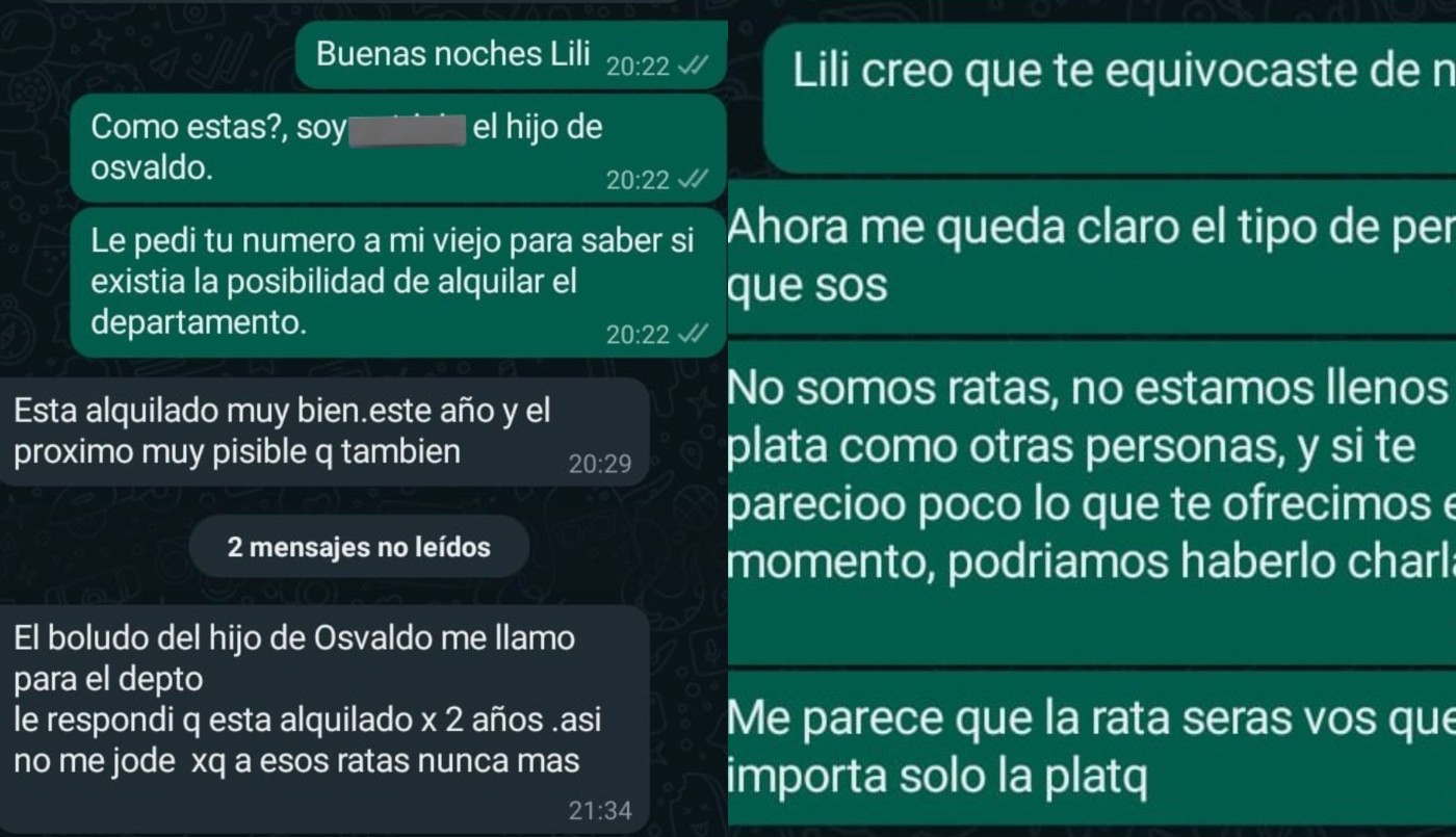 "A estos ratas nunca más": le consultaron por su departamento en alquiler y se confundió de chat | Información General