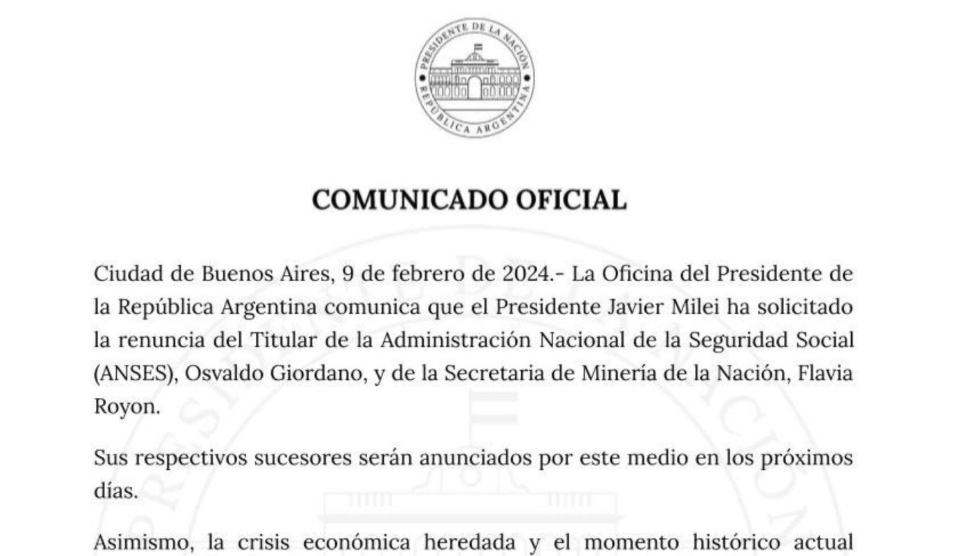 Milei le pidió la renuncia a Giordano, titular de ANSES y a Flavia Royon, secretaria de Minería | Política y Economía