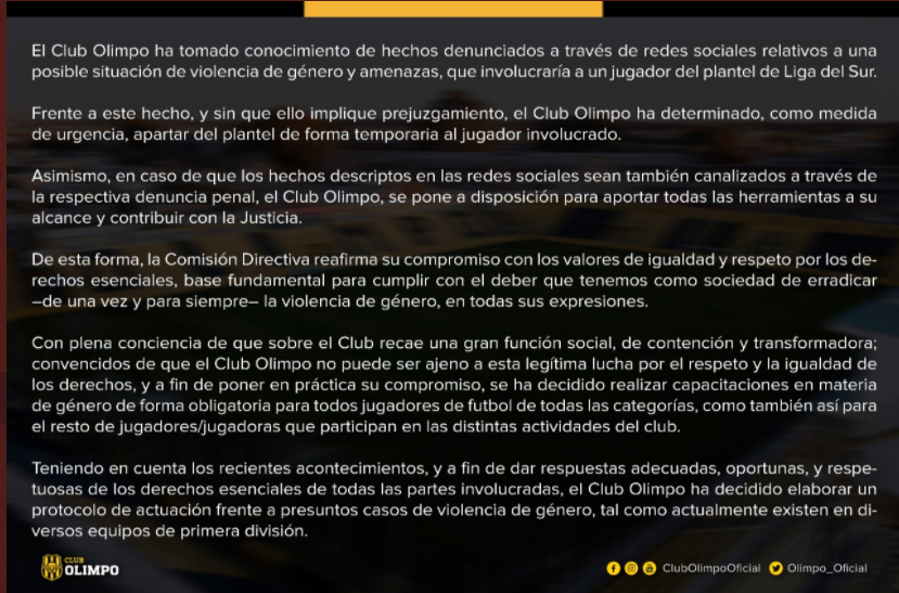 Olimpo decidió separar a un futbolista denunciado por violencia de género en redes sociales | Deportes