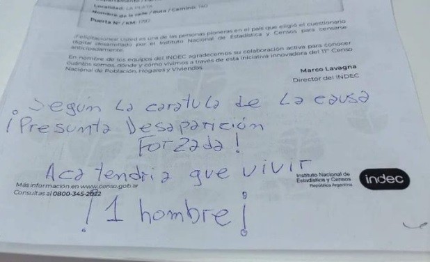 "Acá tendría que vivir un hombre": la nota que dejó el hijo de Julio López al censista | Información General