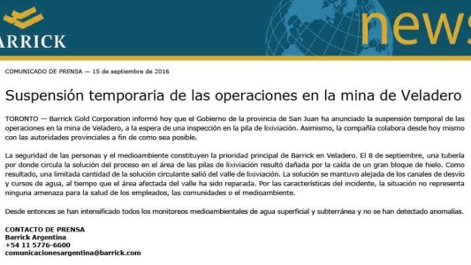 La empresa Barrick Gold detuvo la actividad en la mina Veladero