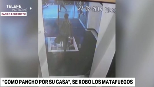 Solitario y a la vista de todos, se robó los matafuegos de una galería