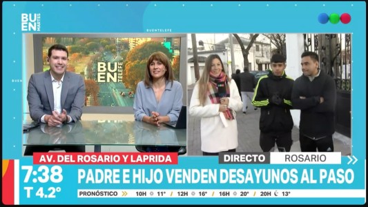 Padre e hijo venden desayunos al paso en la esquina del Hospital Saenz Peña