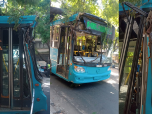 Un colectivo de la línea 146 chocó contra una rama en calle Salta al 3500