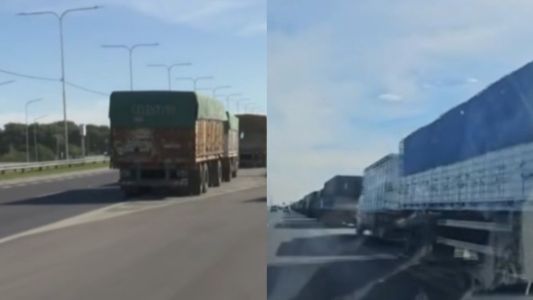 Camiones desbordan la autopista rumbo a los puertos en plena cosecha