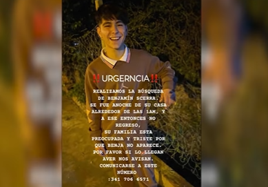 Buscan a Benjamín, joven de 19 años desaparecido en Granadero Baigorria
