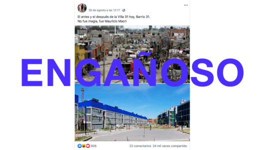 Es engañoso el posteo que compara dos lugares de la Villa 31