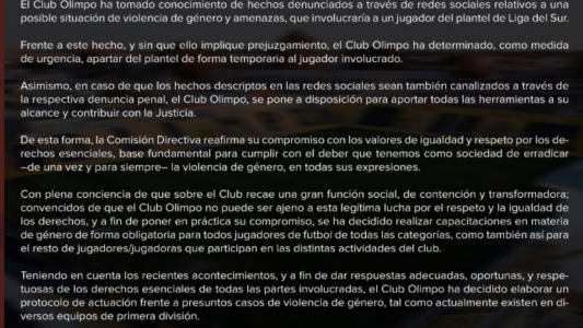 Olimpo decidió separar a un futbolista denunciado por violencia de género en redes sociales