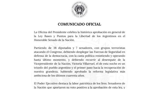 El Gobierno celebró la aprobación general de la Ley Bases: "Un triunfo del pueblo argentino"